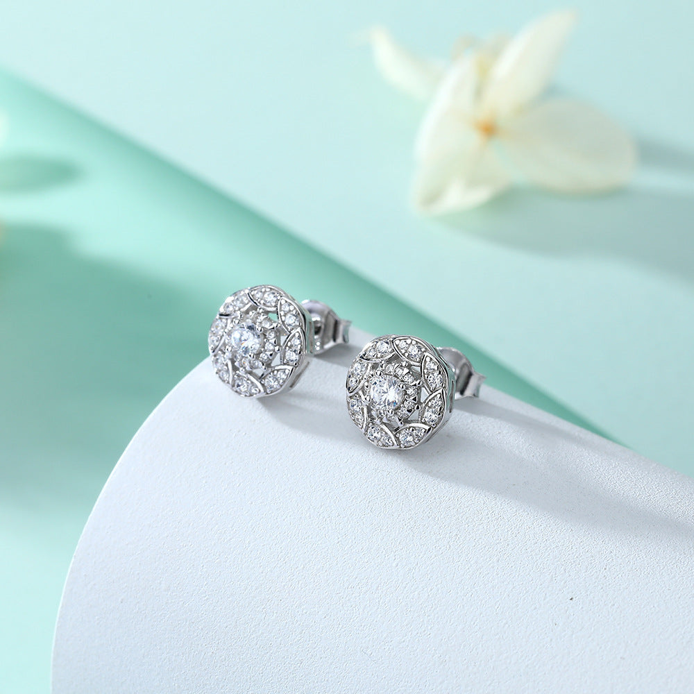 Round Zircon Soleste Halo Flower Silver Studs Earrings for Women