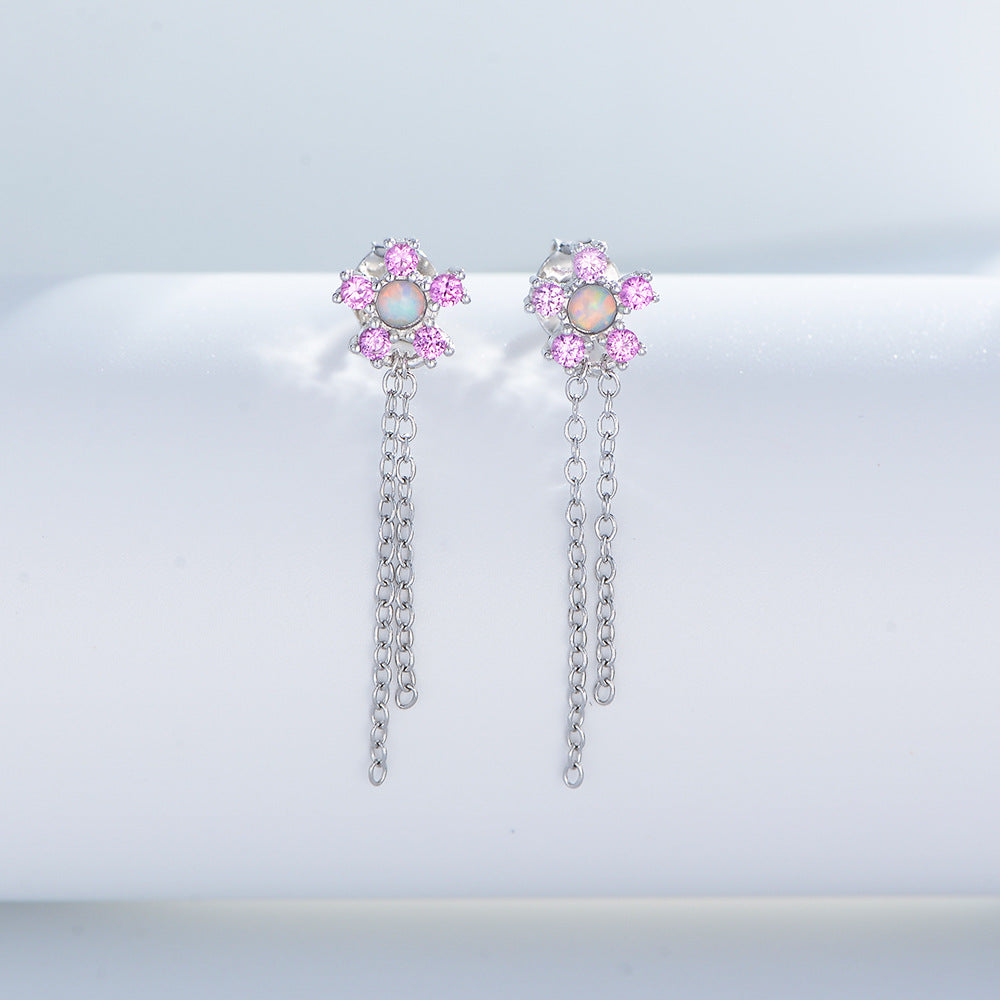 Pink Zircon Flowers Tassel Silver Drop Earrings for Women