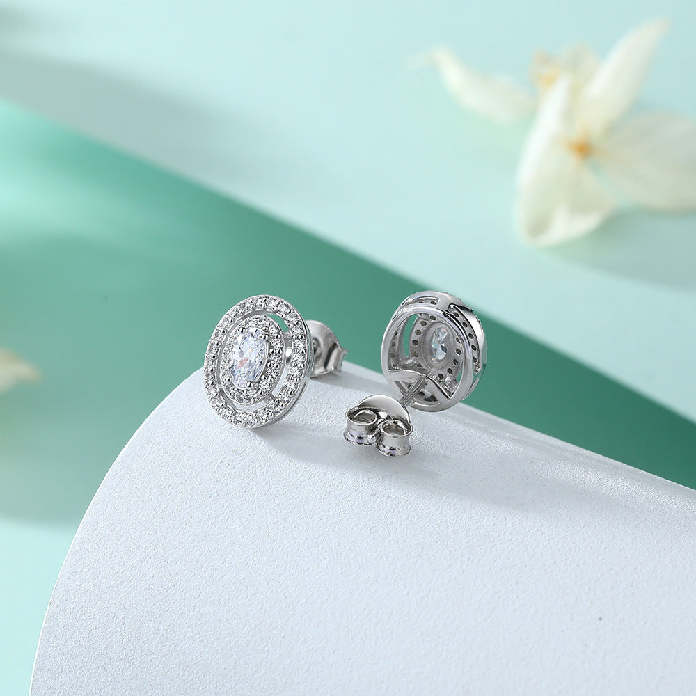 Sumptuous Oval Zircon Soleste Halo Silver Studs Earrings for Women