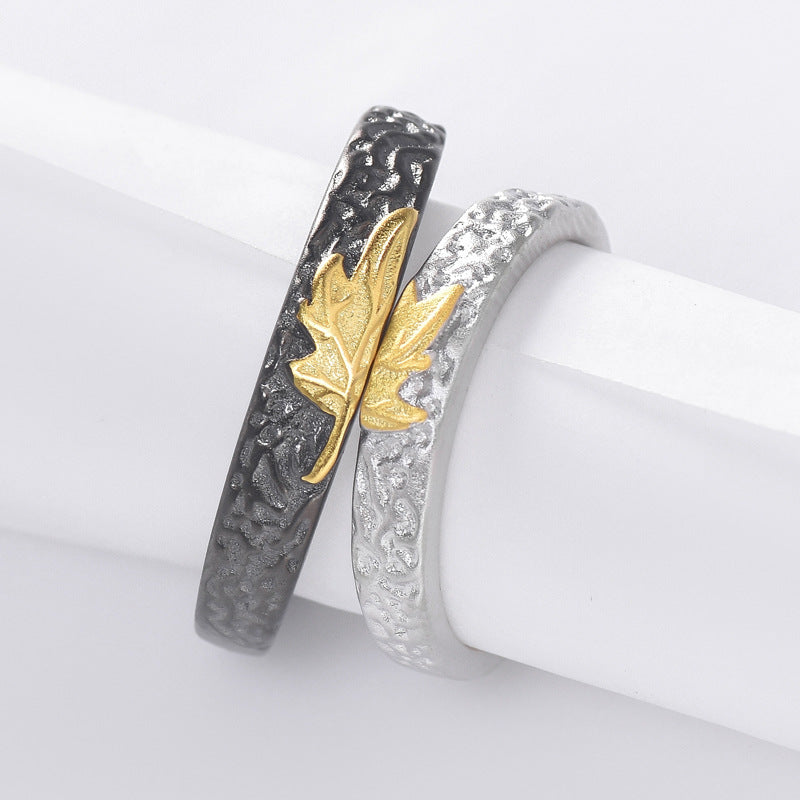 Gold Colour Maple Leaf Pleated Texture Silver Couple Ring for Women