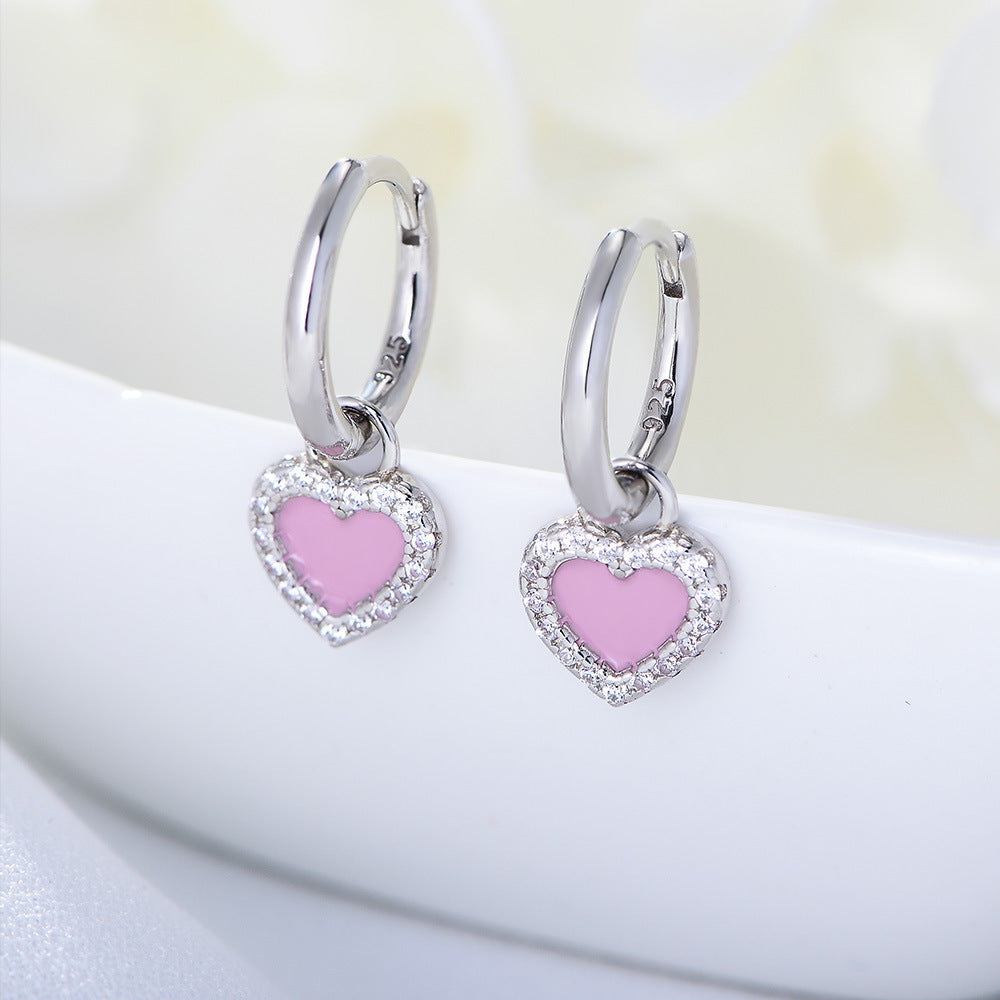 Pink Heart-shaped with Zircon Pendant Silver Drop Earrings for Women