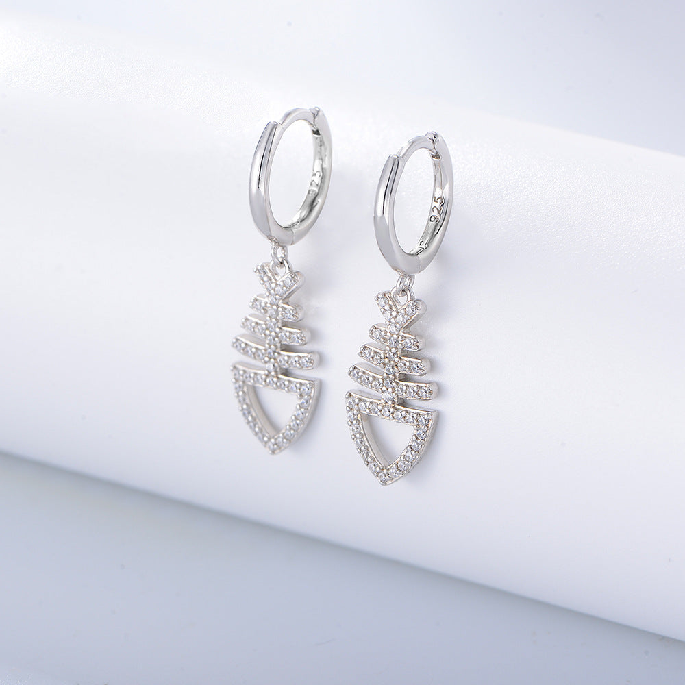 Zircon Fishbone Silver Drop Earrings for Women