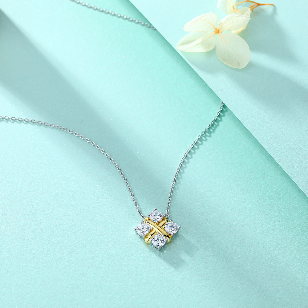 X-shaped Square with Round Zircon Pendant Silver Necklace for Women