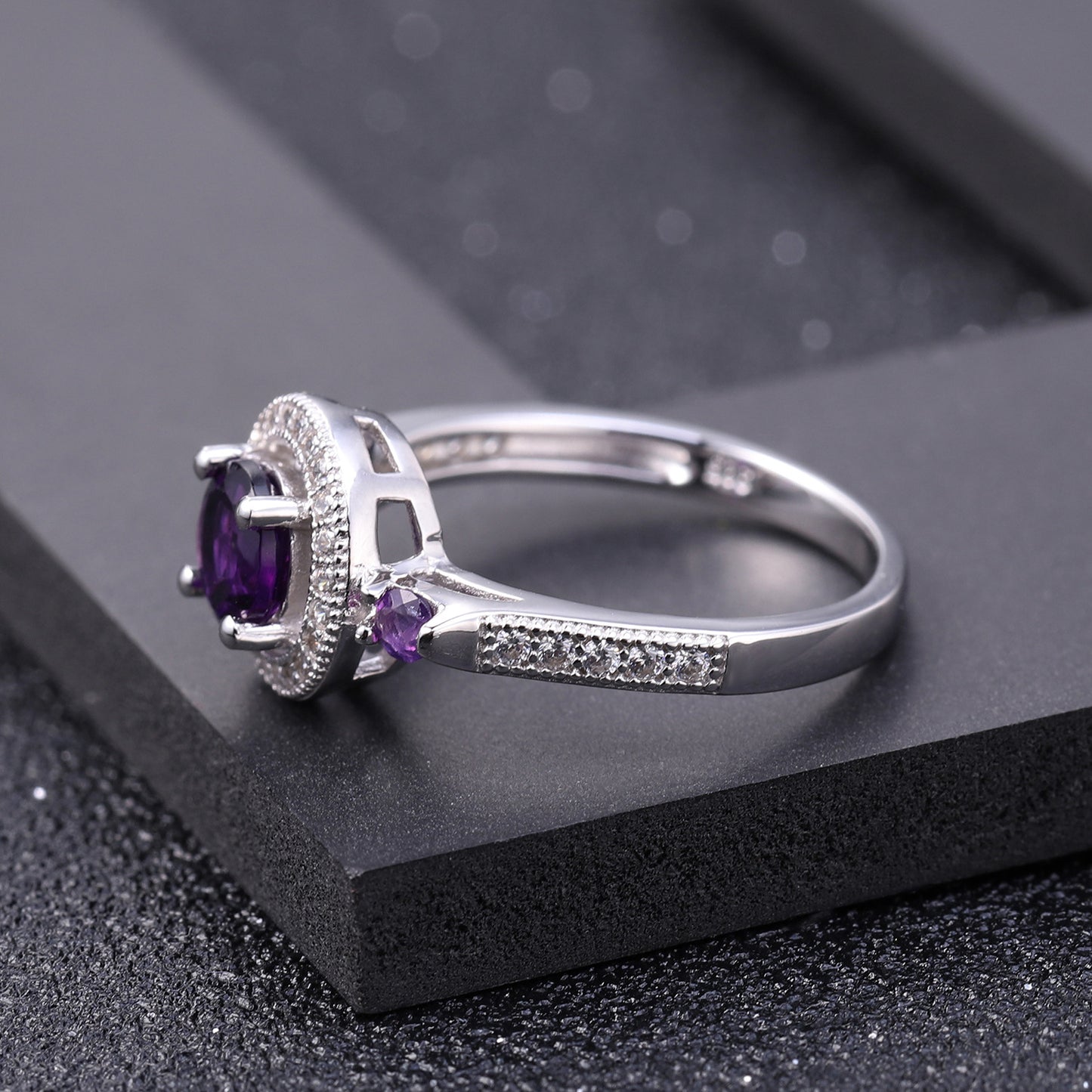 Natural Amethyst Fashion Soleste Halo Silver Ring for Women