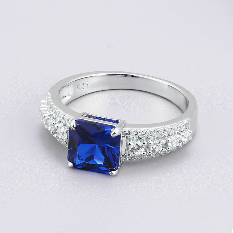 7*7mm Square Blue Crystal with Round Zircon Cathedral Silver Ring for Women