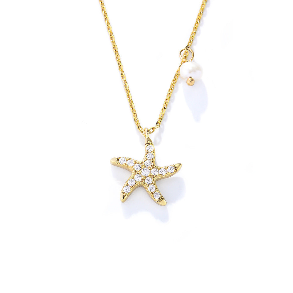 Full Zircon Starfish with Pearl Sterling Silver Collarbone Necklace for Women