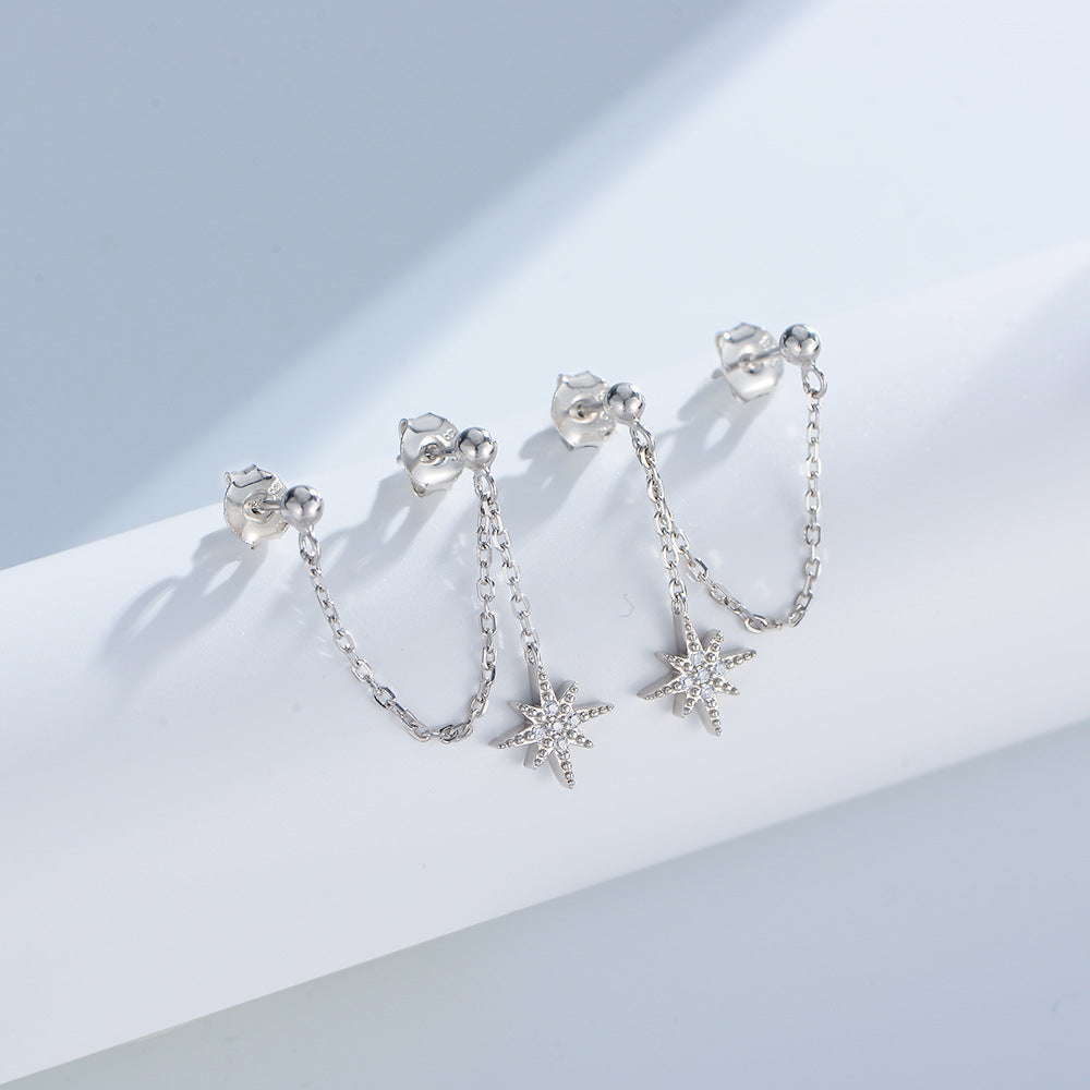 Octagonal Star Double Pierced Silver Chain Earrings for Women