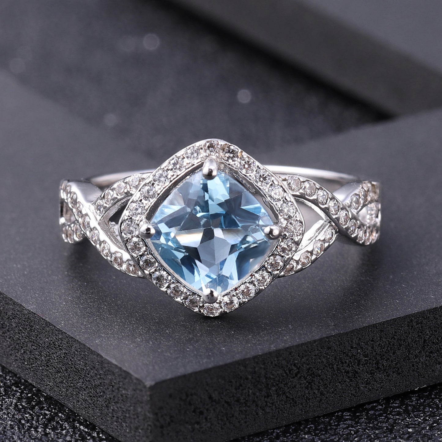 Light Luxury Temperament Inlaid Natural Topaz Soleste Halo Square Sterling Silver Ring for Women