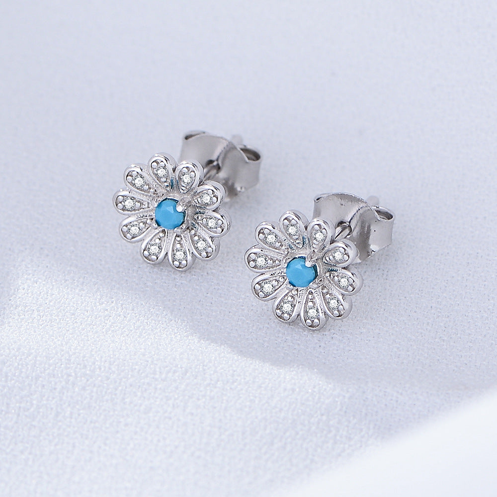 Zircon Daisy Flower Silver Studs Earrings for Women