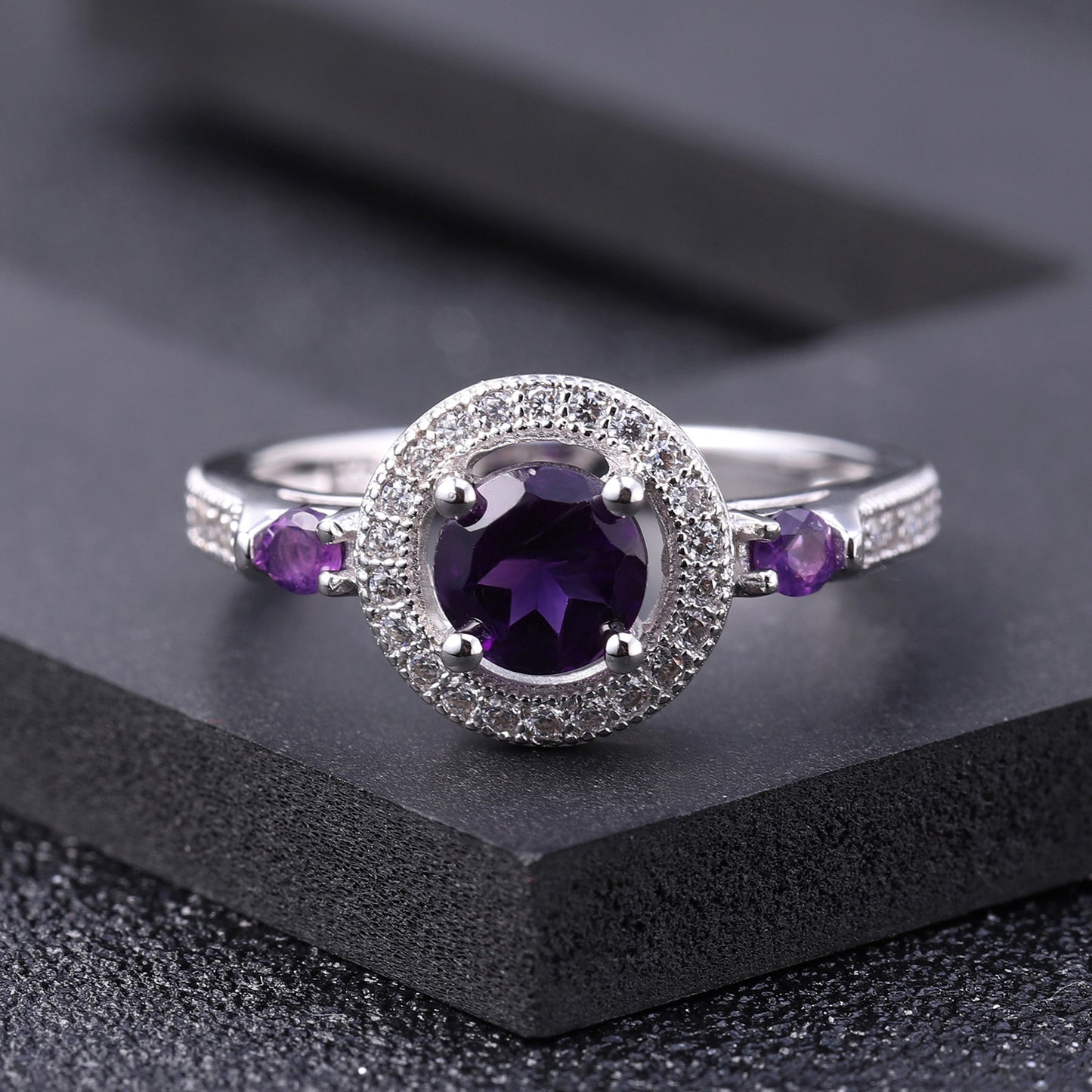 Natural Amethyst Fashion Soleste Halo Silver Ring for Women