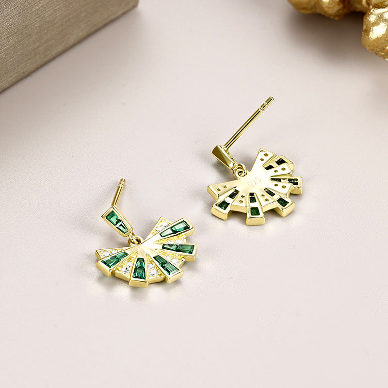 Green Zircon Fan Silver Studs Earrings for Women