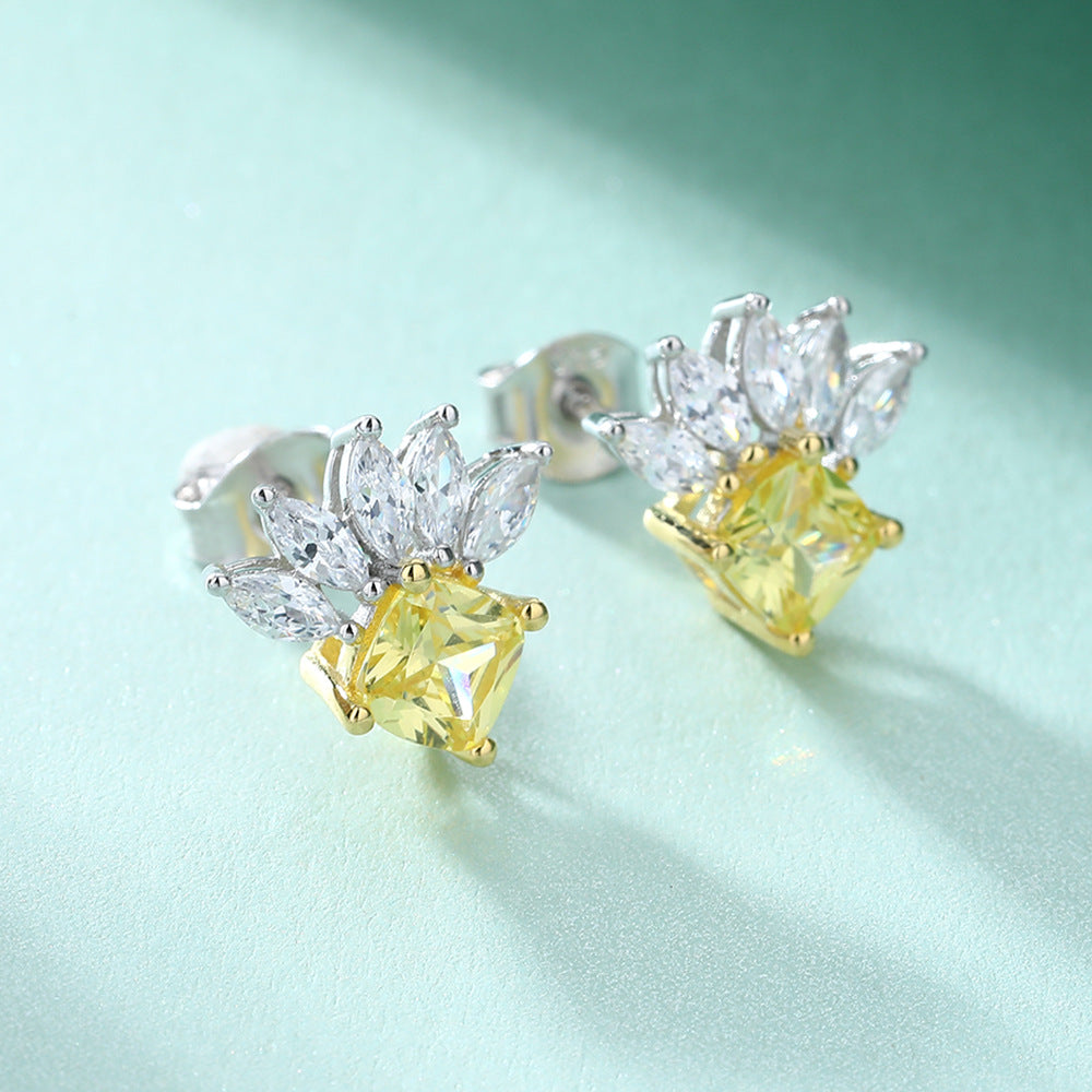 Marquise Shape with Square Yellow Zircon Silver Studs Earrings for Women