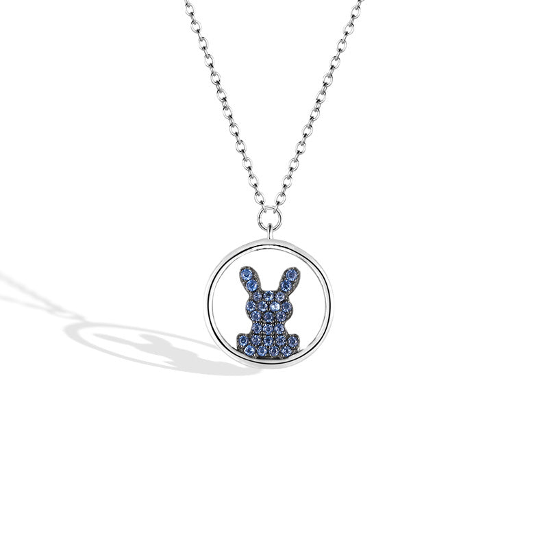 Blue Zircon Bunny Circle Pendant Silver Necklace for Women