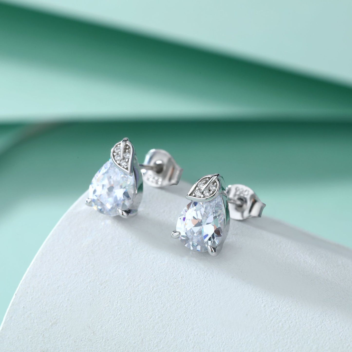 Pear Drop Zircon with Leaf Silver Studs Earrings for Women