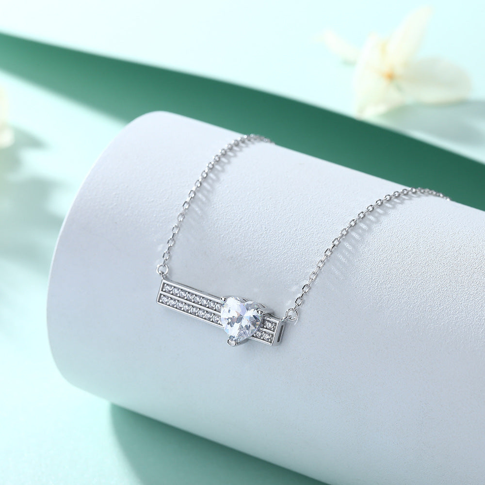 Double Row Heart Zircon Pendant Silver Necklace for Women