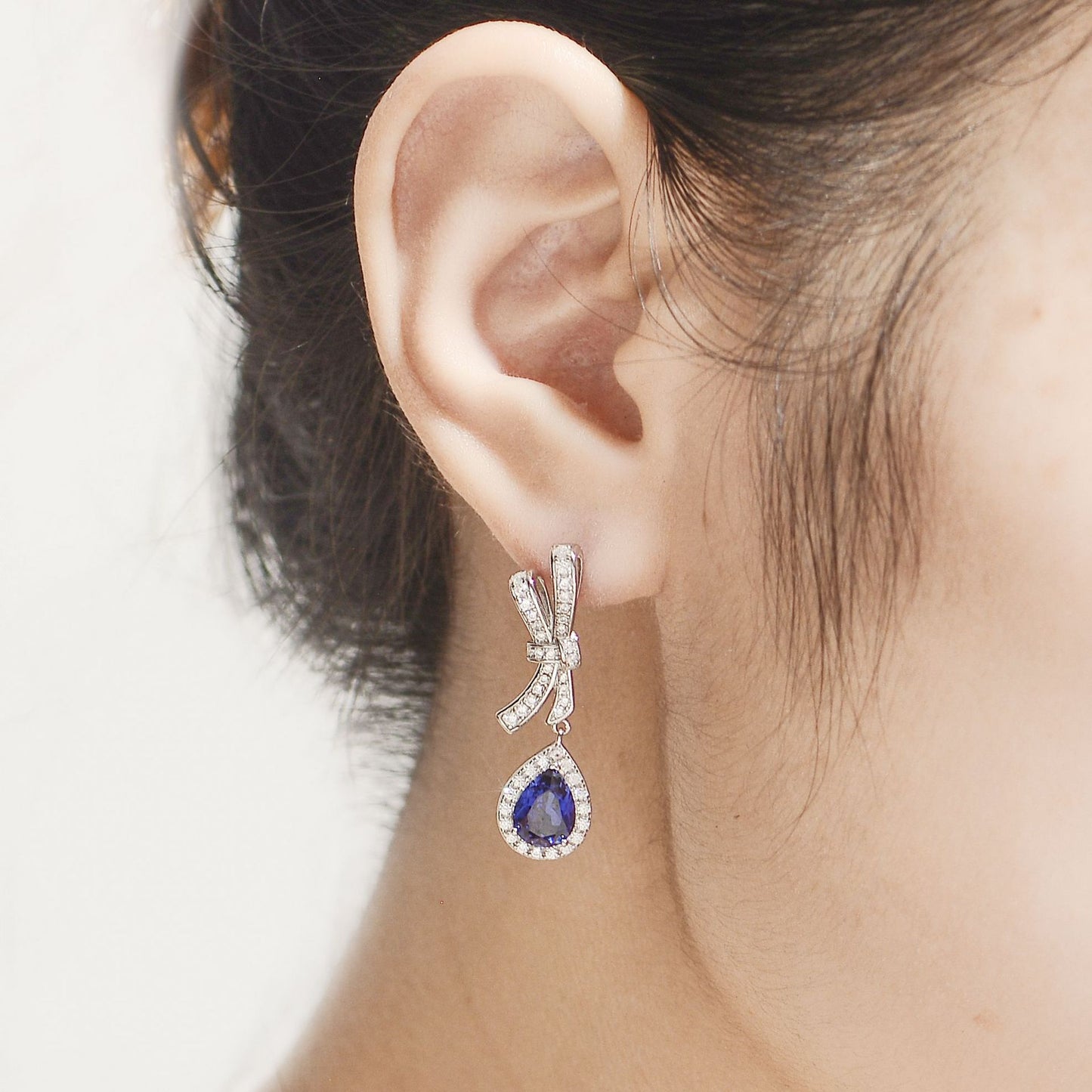 Lab Created Royal Sapphire 6*8mm - Platinum Plated - Drop Silver Earring for Women