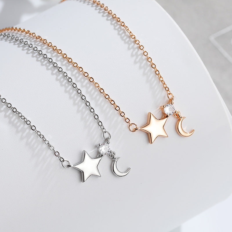 Smooth Star Moon with Zircon Silver Necklace for Women