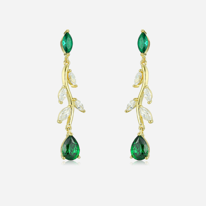 Green Zircon Vintage Branch Silver Drop Earrings for Women