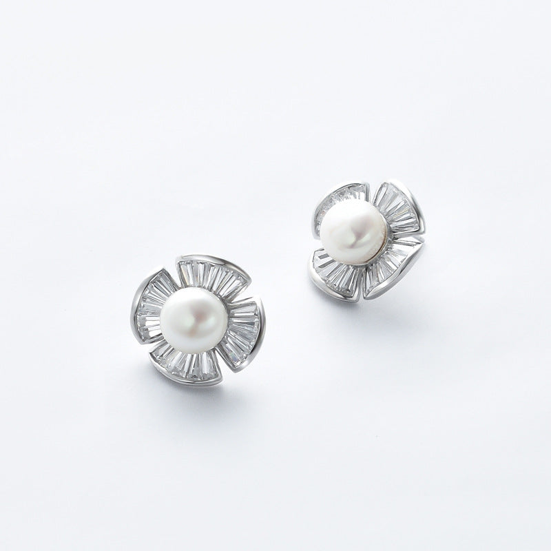 Freshwater Pearl with Zircon Petal Silver Stud Earrings for Women