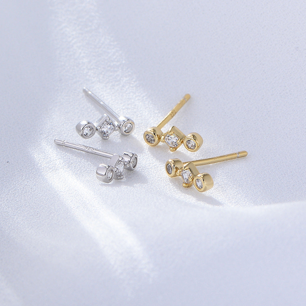 Geometric Beading Mini Zircon Silver Studs Earrings for Women