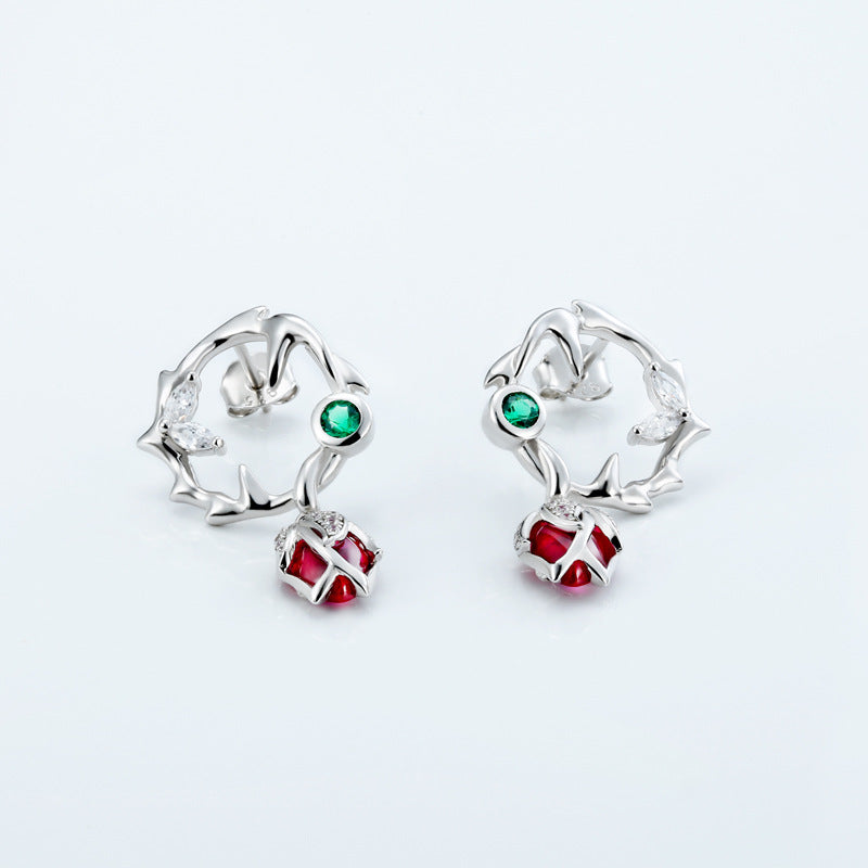 Circle Thorn Rose Red Corundum with Zircon Silver Drop Earrings for Women