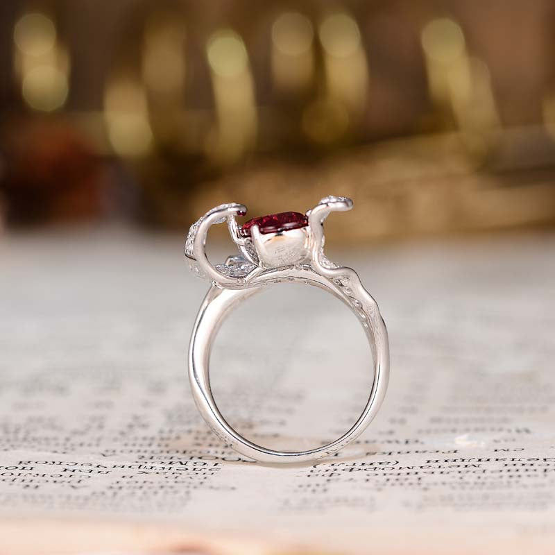 Lab-Created Ruby 7*9mm Oval Ice Cut Waves Luxurious Silver Ring for Women