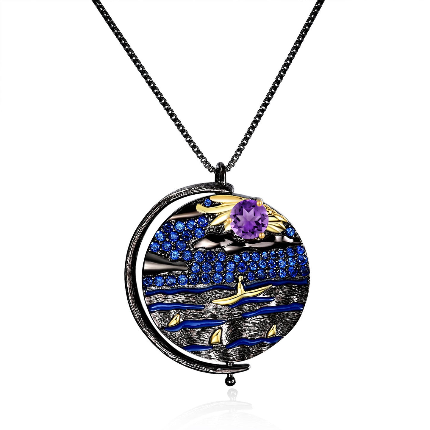 Italian Abstract Pattern Vintage Jewelry Design Inlaid Colorful Gemstone Boat In Lake Circle Pendant Silver Necklace for Women