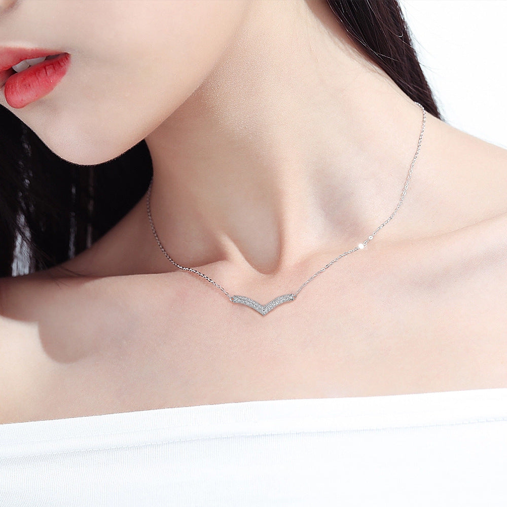 Two Row Zircon V-shaped Pendant Silver Necklace for Women