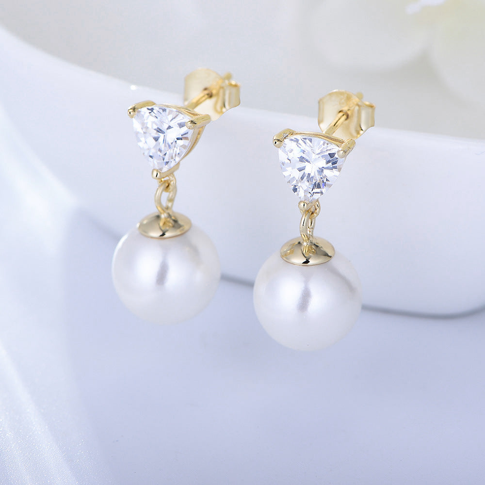 Pearl with Triangle Zircon Silver Drop Earrings for Women