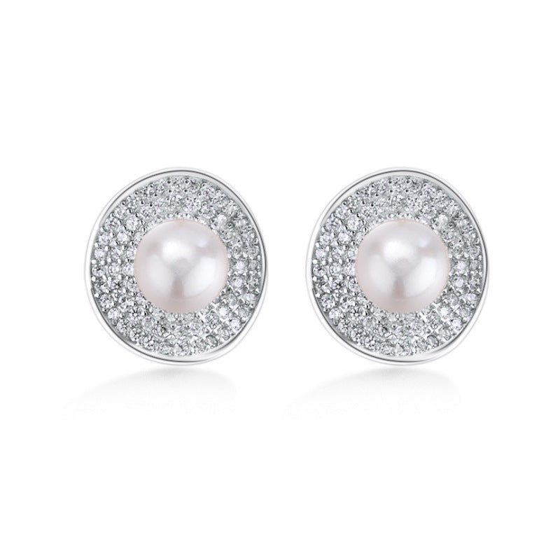 Curved Surface Full Zircon Freshwater Pearl Silver Stud Earrings for Women