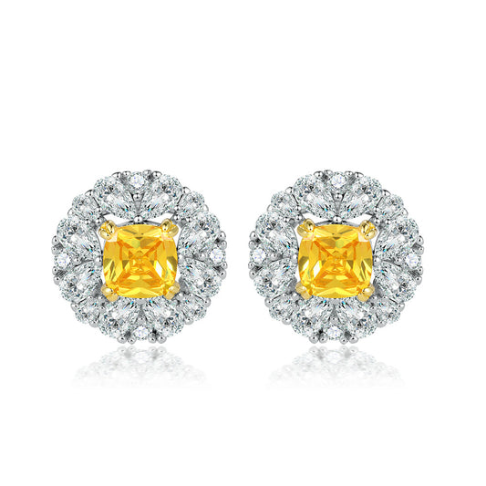 Yellow Zircon Soleste Halo Flower Shaped Silver Studs Earrings for Women