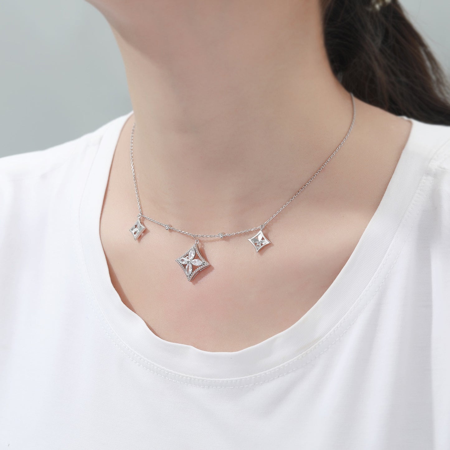 Marquise Zircon Flower Rhombus Pendant Silver Necklace for Women