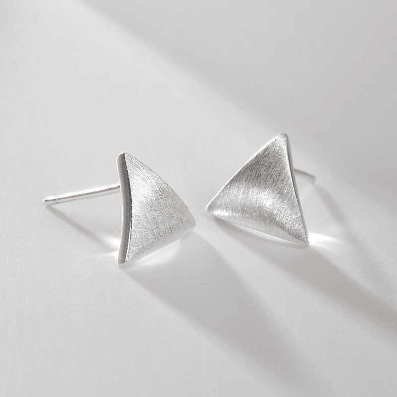 Brushed Curved Surface Triangle Silver Stud Earrings for Women