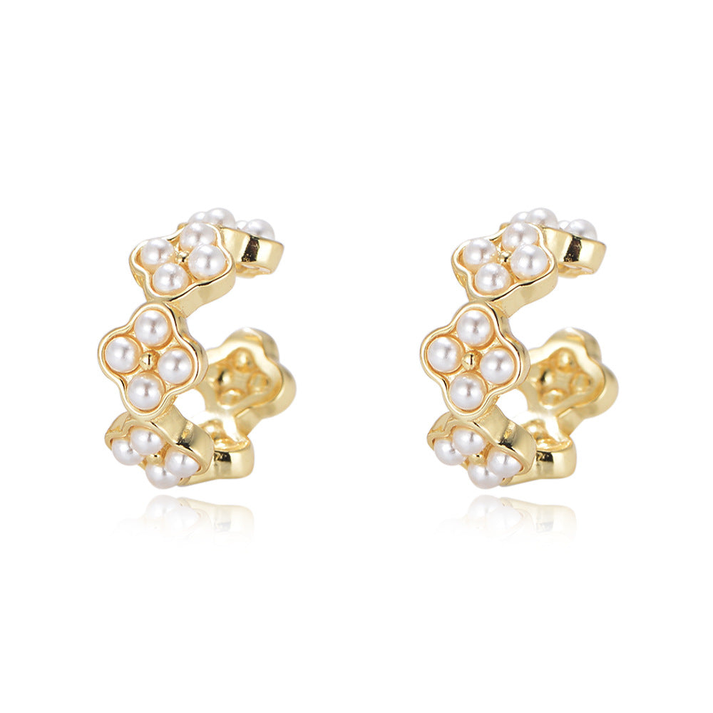 Beading Flower Pearl Silver Ear Bone Clip Earrings for Women