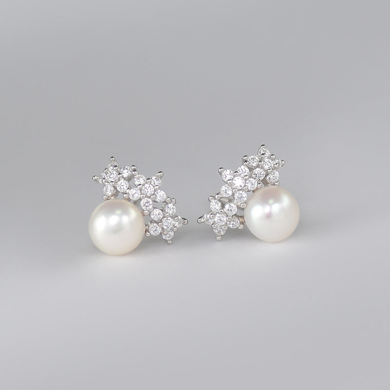 Freshwater Pearl with Zircon Flower Silver Stud Earrings for Women