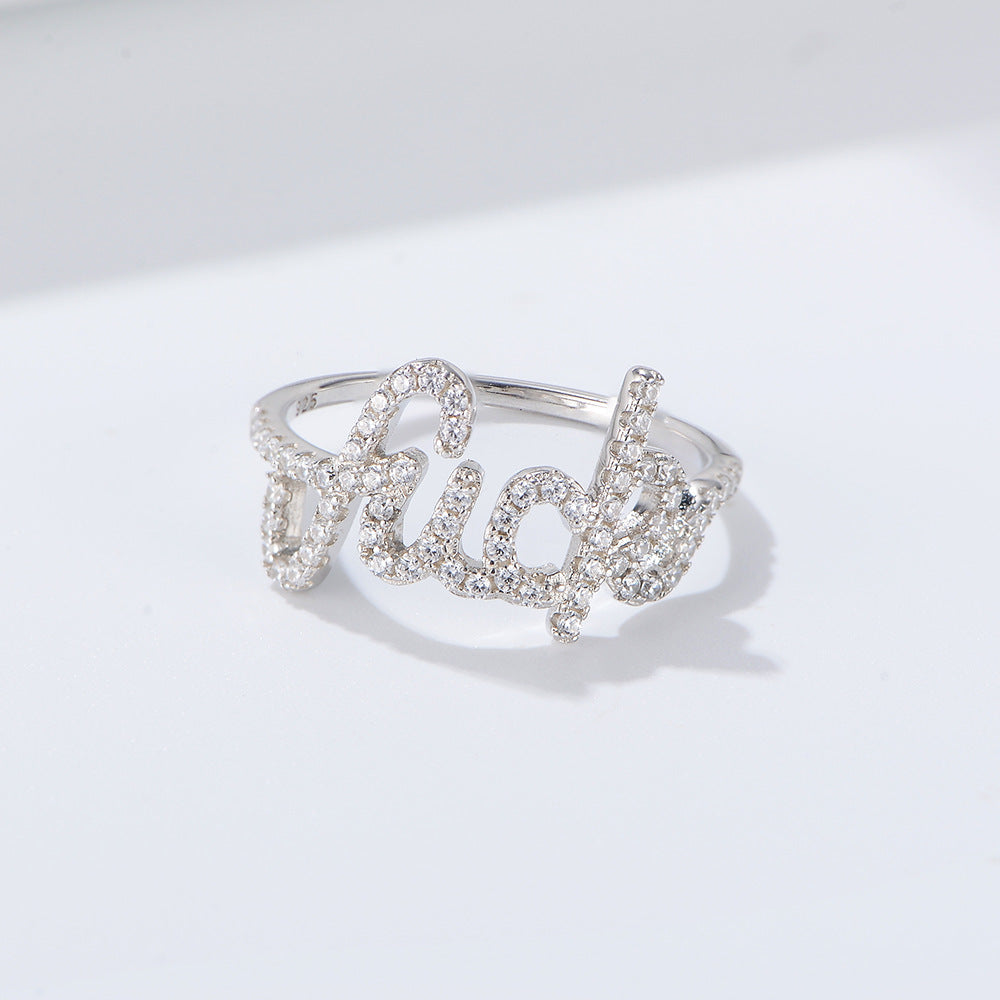 English Letter with Zircon Personality Sterling Silver Ring for Women