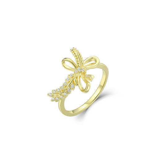 Wheat Leaf Bow with Zircon Silver Ring