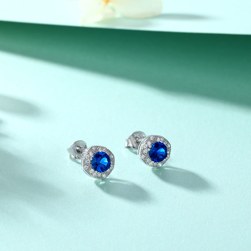 Blue Zircon Soleste Halo Silver Studs Earrings for Women