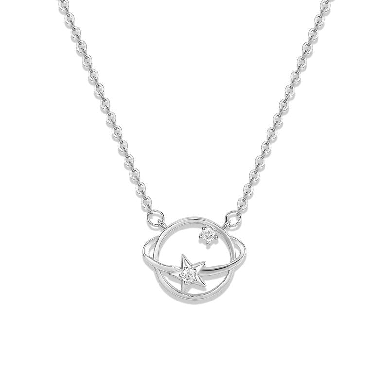 Hollowed-out Planet Pendant Silver Necklace for Women