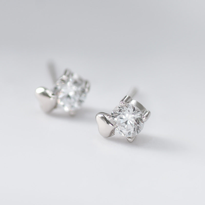 Round Zircon with Heart Silver Stud Earrings for Women