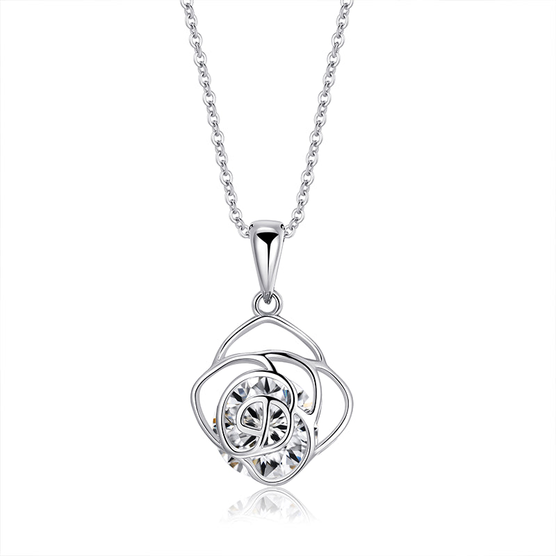 Hollow Rose with Round Zircon Pendant Silver Necklace for Women