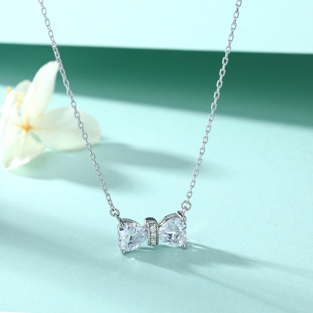 Double Heart Zircon Bow Pendant Silver Necklace for Women