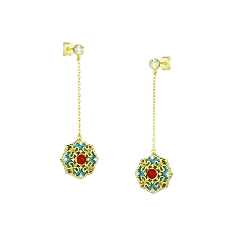 Lotus Pattern Series Turquoise with Red Agate Tassel Silver Drop Earrings for Women