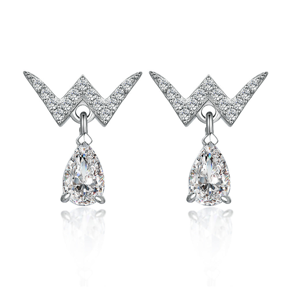 W Letter with Water Drop Zircon Silver Drop Earrings for Women