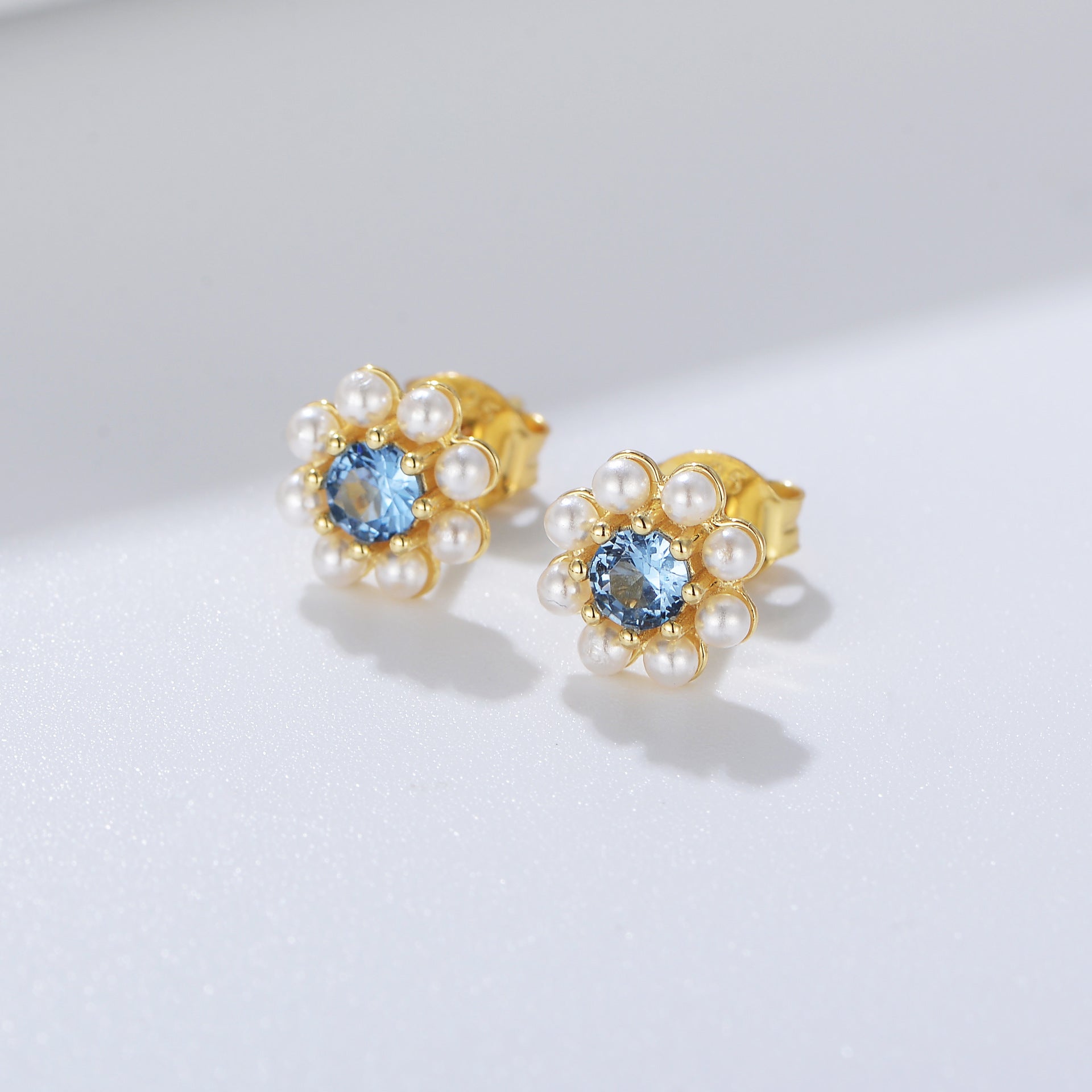 Blue Zircon with Pearl Flower Silver Studs Earrings for Women