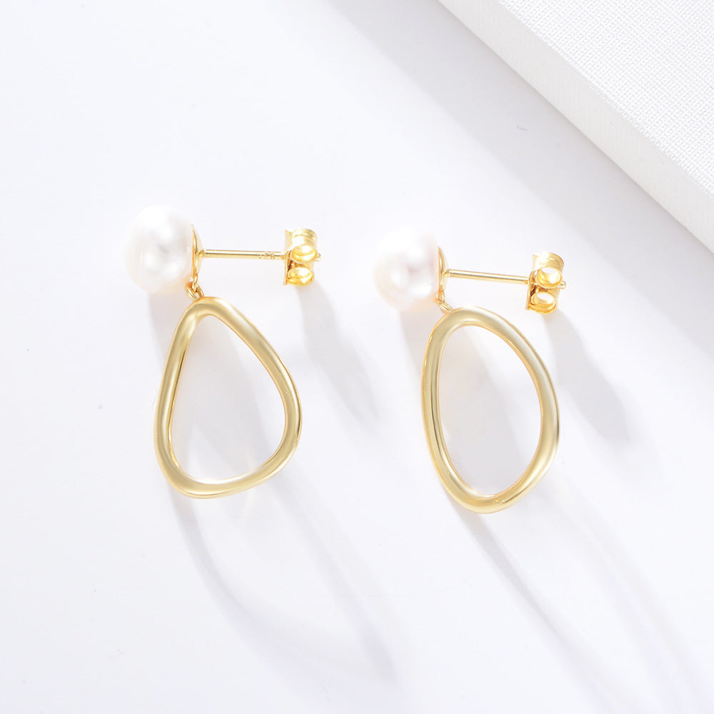 Pearl with Hollow Egg Shape Silver Drop Earrings for Women