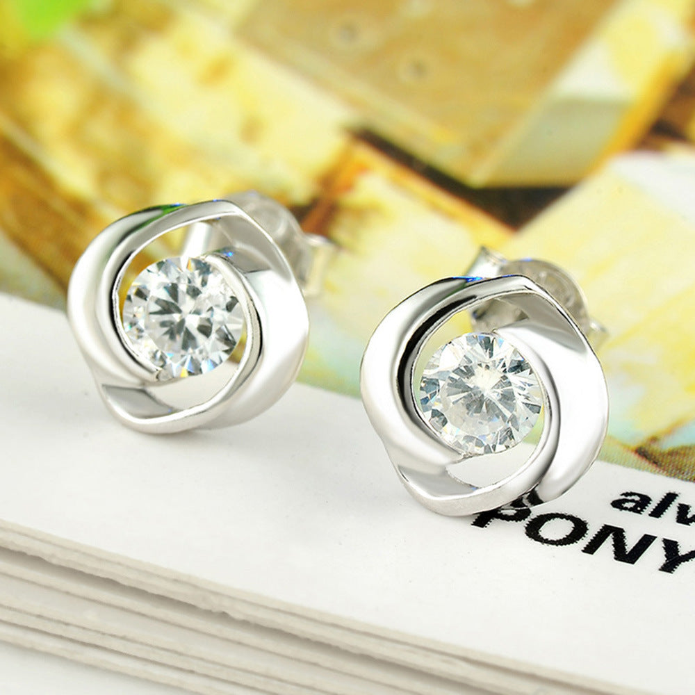 Round Zircon Rotary Silver Studs Earrings for Women