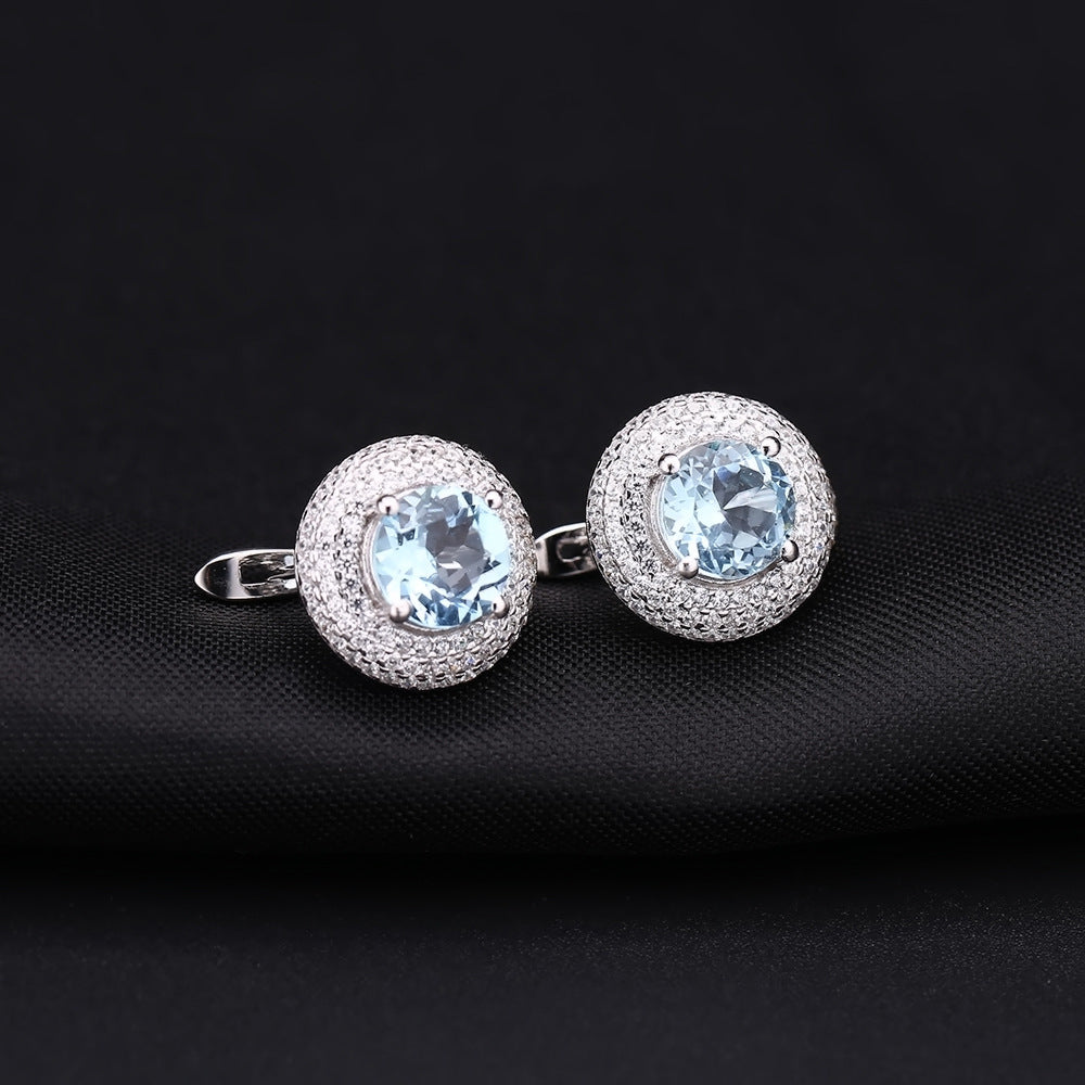 European Retro Colourful Gemstone Soleste Halo Round Shape Silver Studs for Women