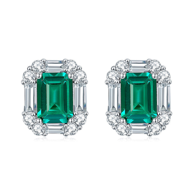 Lab-Created Emerald Rectangle 6*8mm Silver Studs Earrings for Women