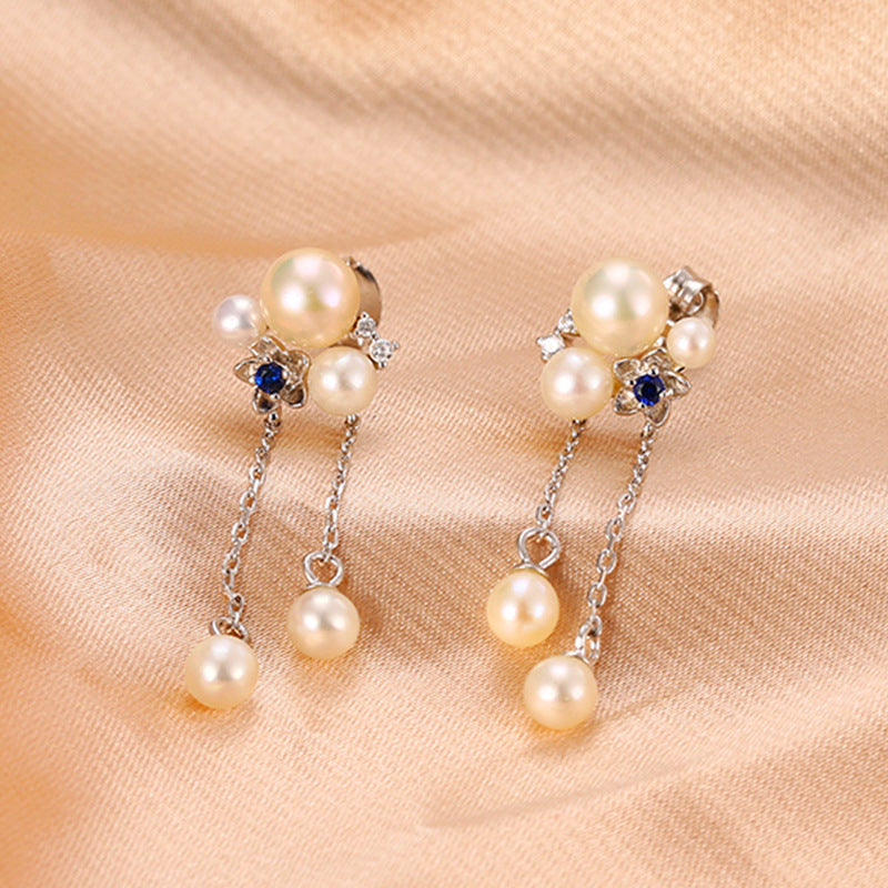 Natural Freshwater Pearl Long Tassel Silver Drop Earrings for Women